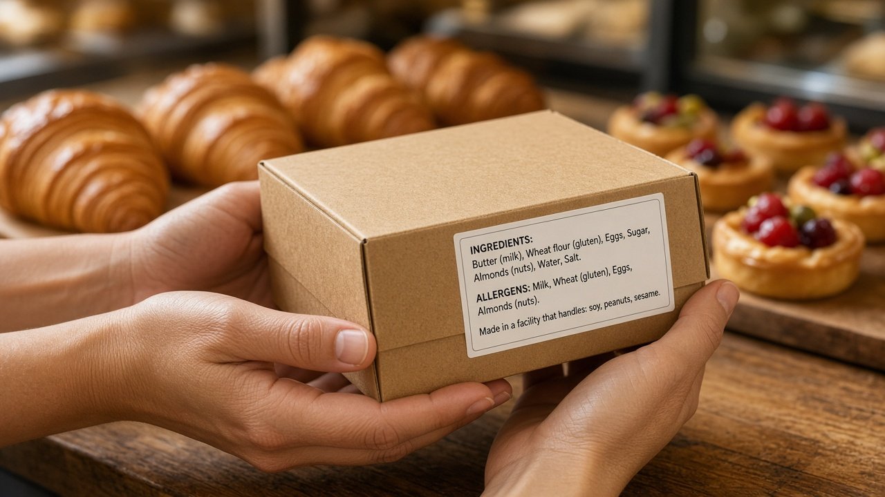 Cliente revisando etiqueta de ingredientes y alérgenos en una caja de pastelería artesanal