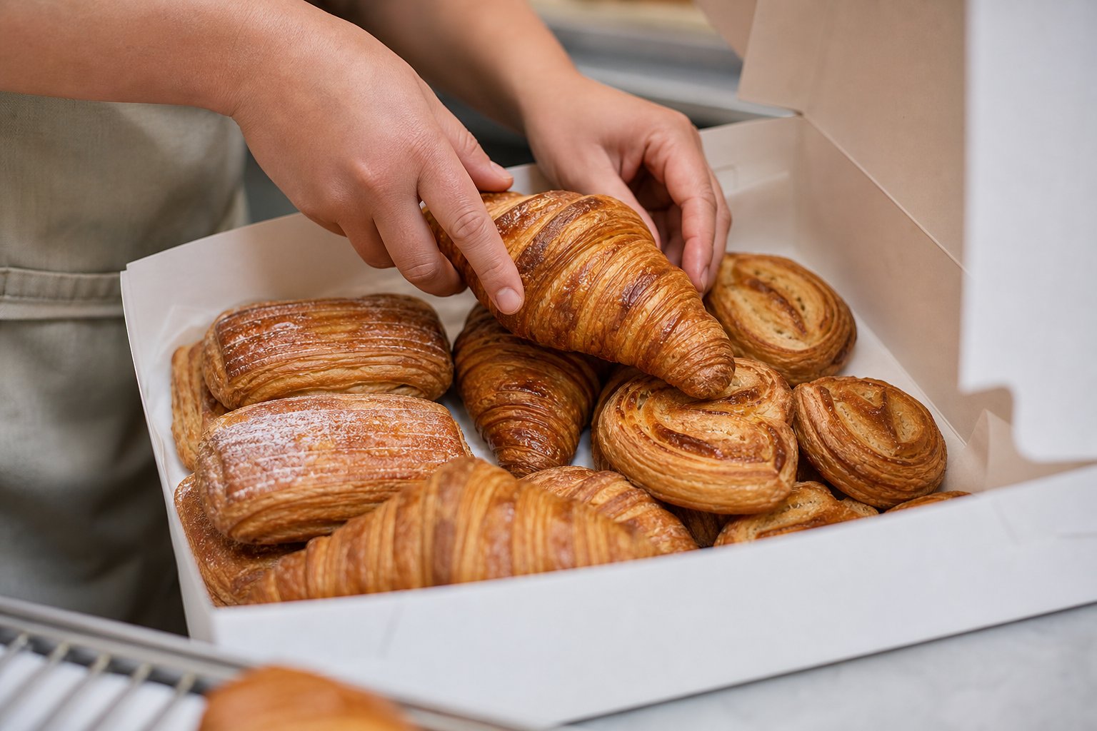 Caja de encargo con croissants y hojaldres artesanos recién preparados en pastelería