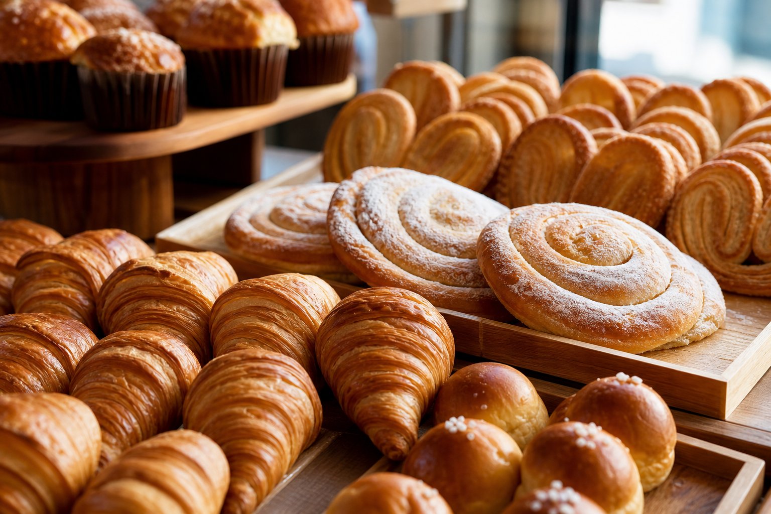 Mostrador de pastelería artesanal con croissants, ensaimadas y bollería recién horneada