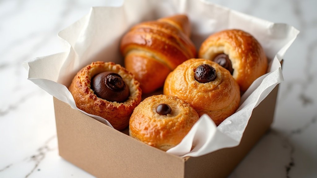 Caja de regalo con croissants, napolitanas y ensaimadas artesanales en papel de seda