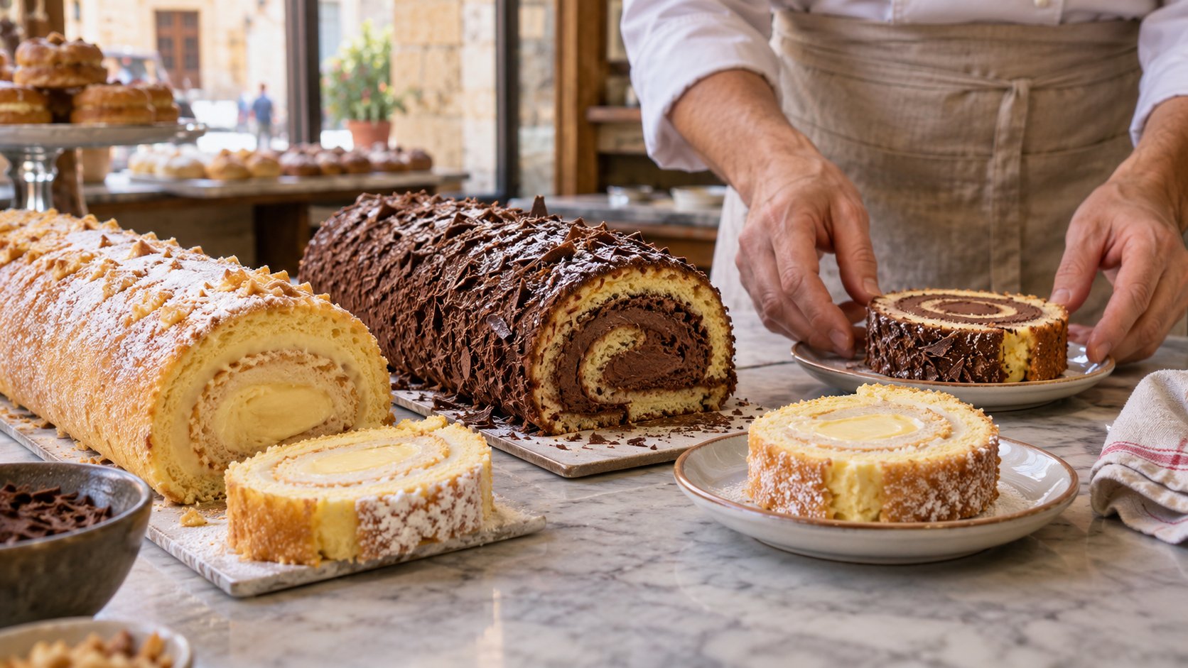 Brazos de gitano artesanales de crema y chocolate cortados en porciones en una pastelería