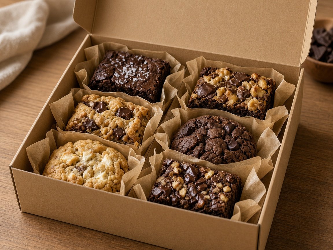 Caja con brownies y cookies artesanales envueltos individualmente, listos para un evento