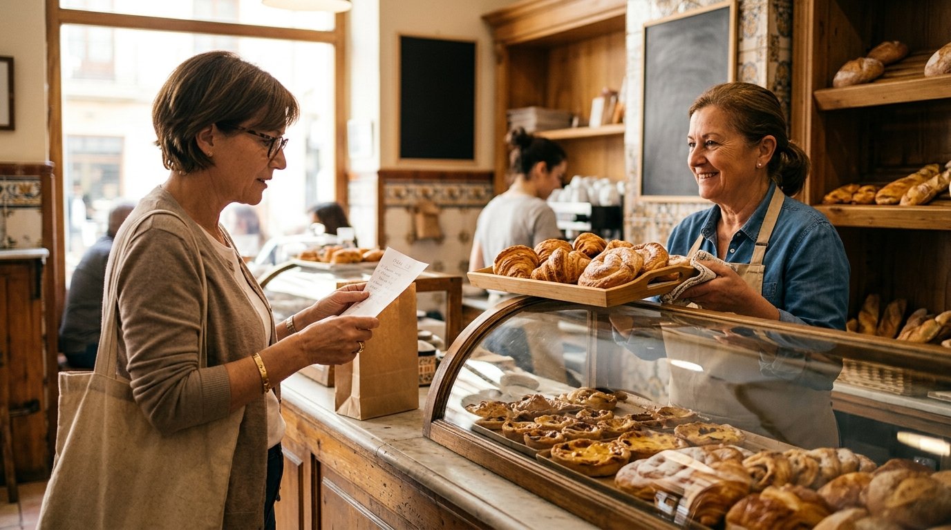 Cliente revisando pedido de postres en mostrador de pastelería artesana