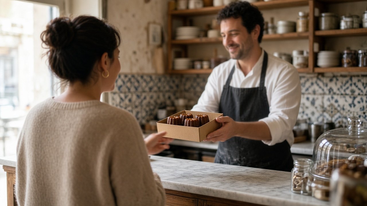 Cliente recogiendo una caja de canelés artesanales en el mostrador de una pastelería local