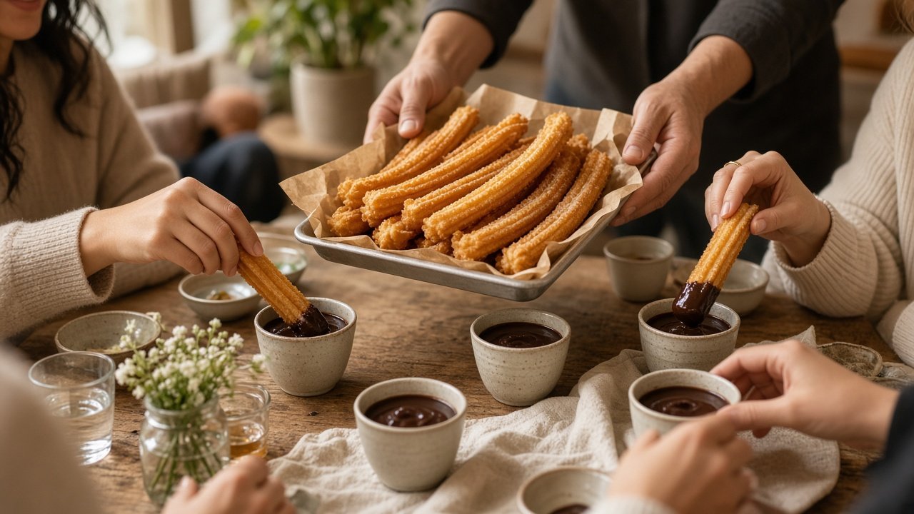 Manos sirviendo churros y porras recién hechos con tazas de chocolate caliente en una mesa de celebración