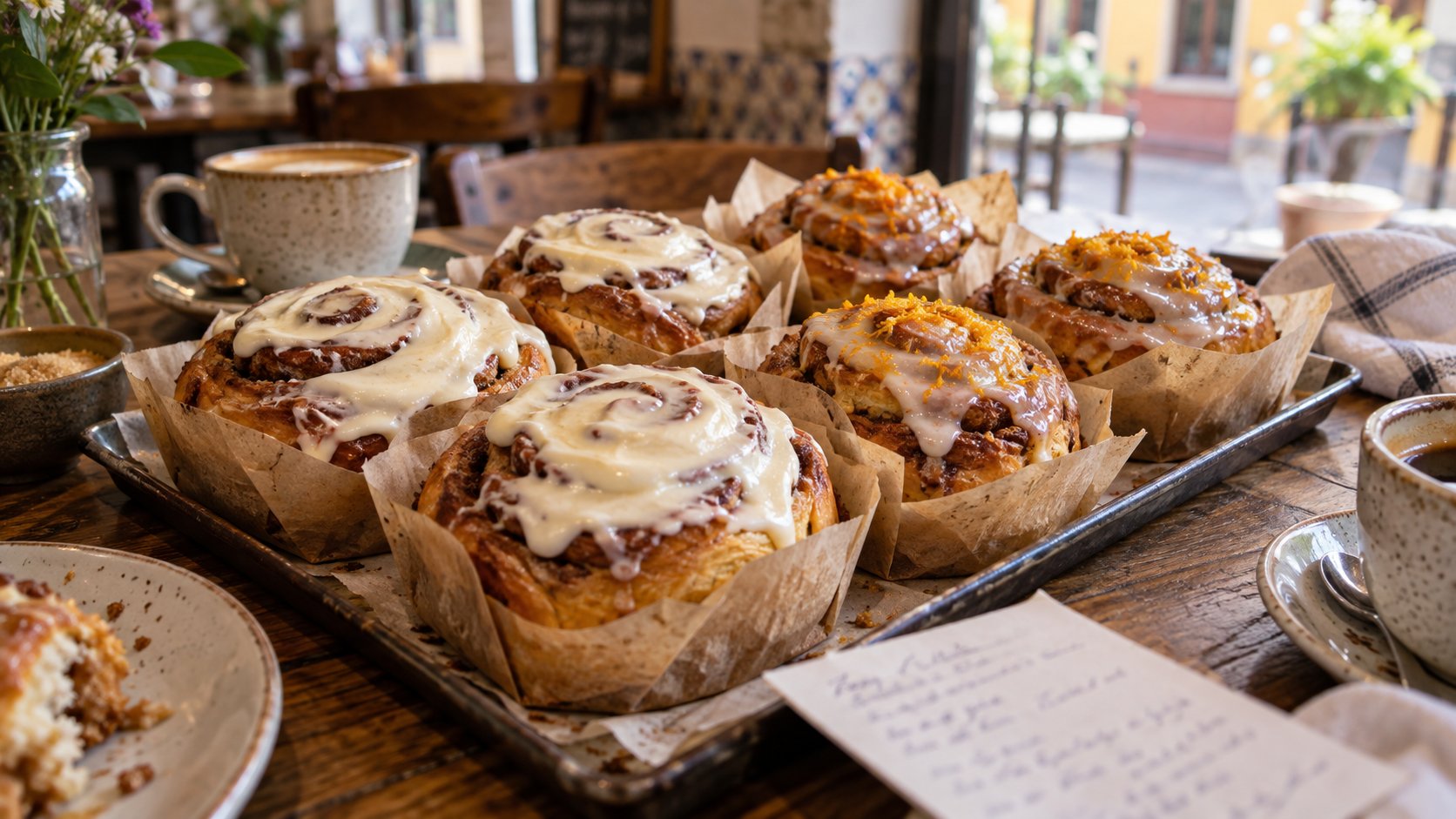 Rollos de canela artesanales con glaseado clásico y cítrico listos para un desayuno