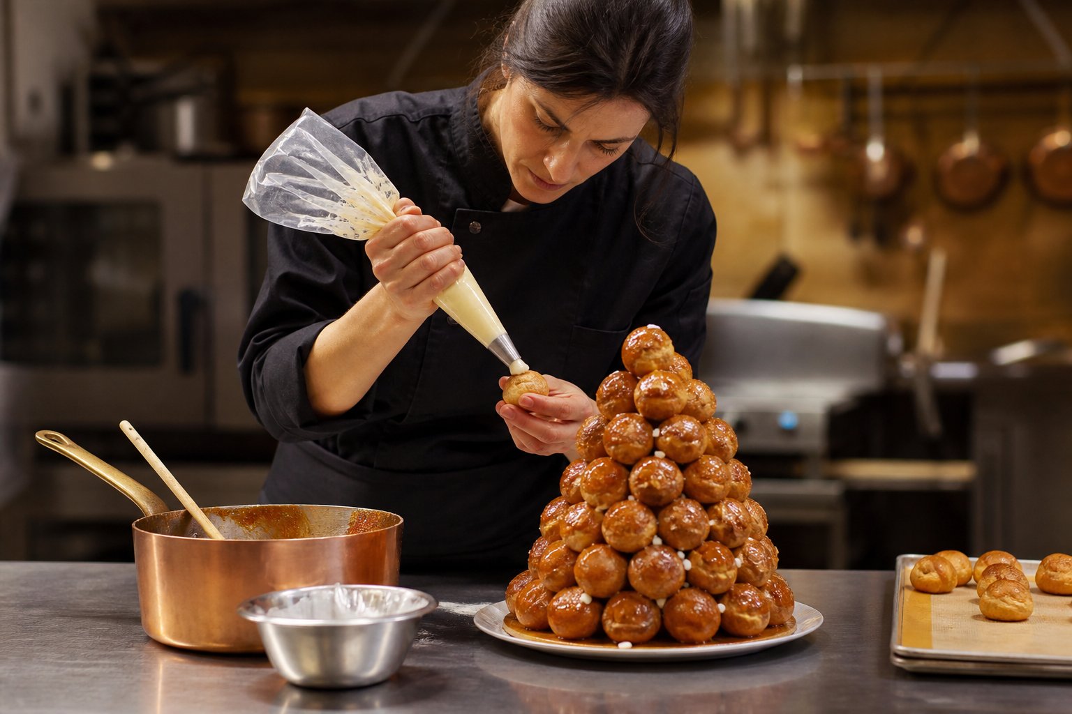 Pastelero artesanal rellenando profiteroles y preparando croquembouche en obrador