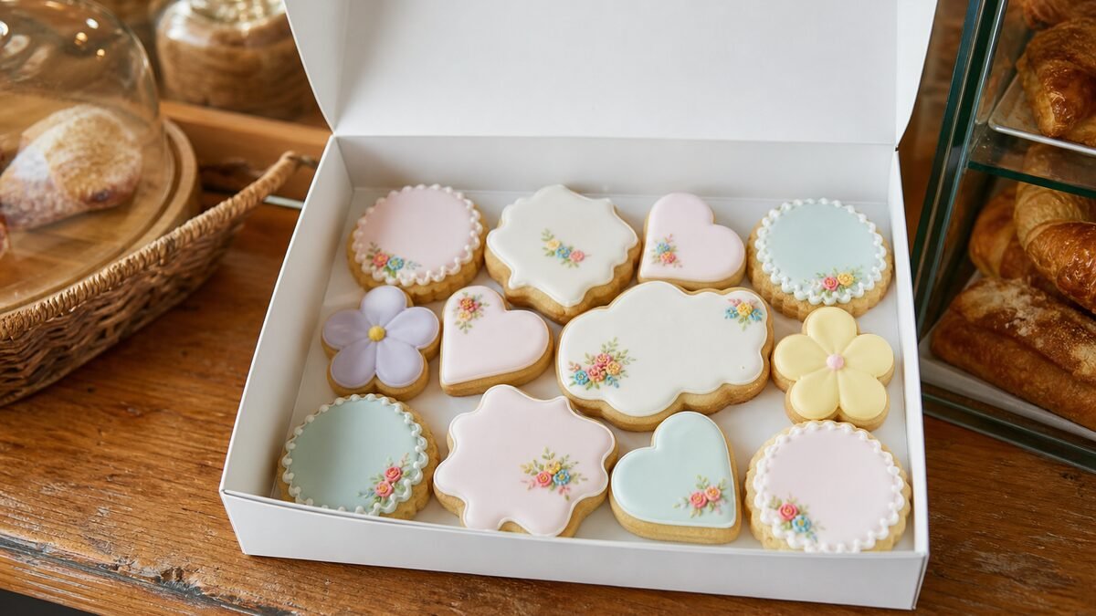 Galletas decoradas personalizadas en caja de pastelería lista para recoger