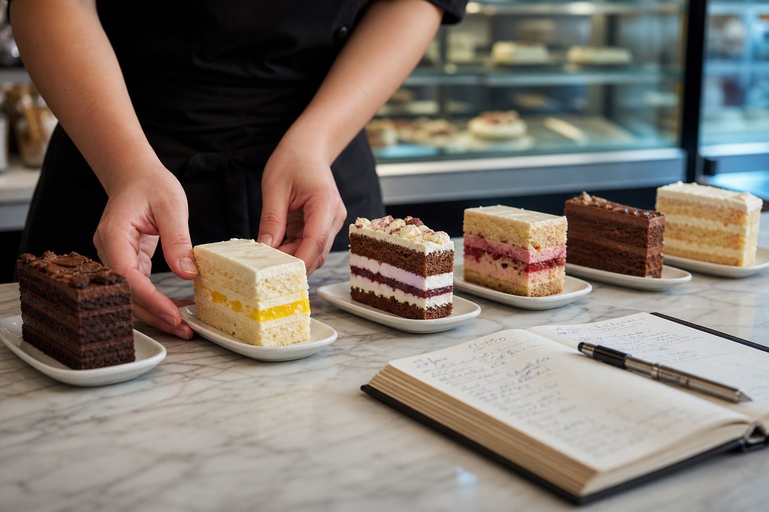 Degustación de sabores de tarta en pastelería artesanal: porciones de prueba sobre mármol
