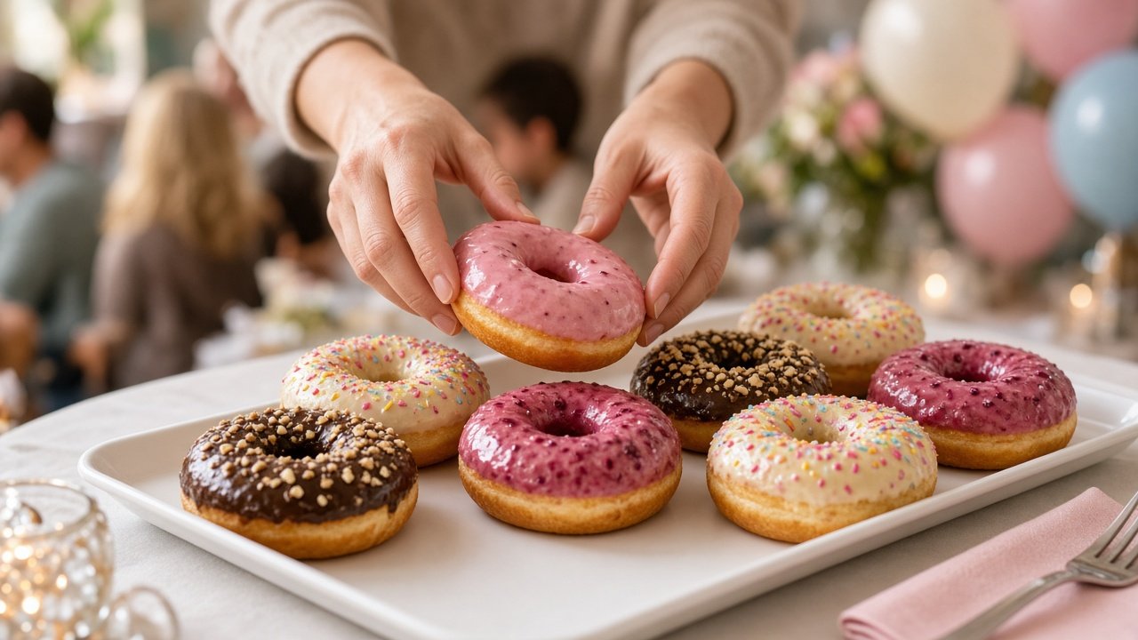 Manos colocando donuts artesanales glaseados en una bandeja de servicio durante una celebración