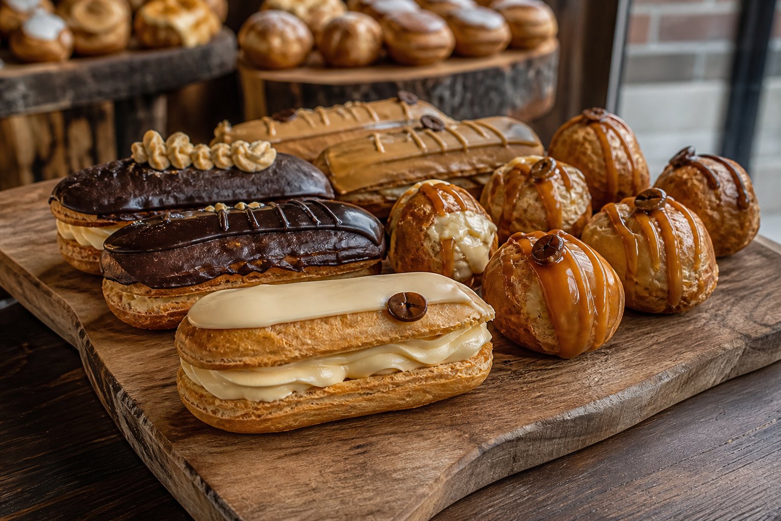 Bandeja artesanal con éclairs de vainilla, chocolate y café junto a profiteroles con caramelo en mesa de pastelería