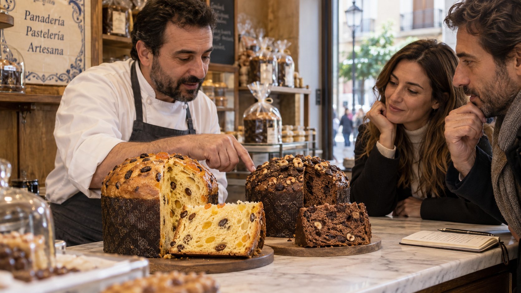 Pastelero muestra panettone clásico y de chocolate a dos clientes en una pastelería artesanal
