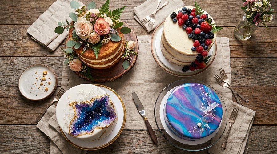 Cuatro estilos de tarta artesanal: naked, semi-naked, geode y efecto espejo