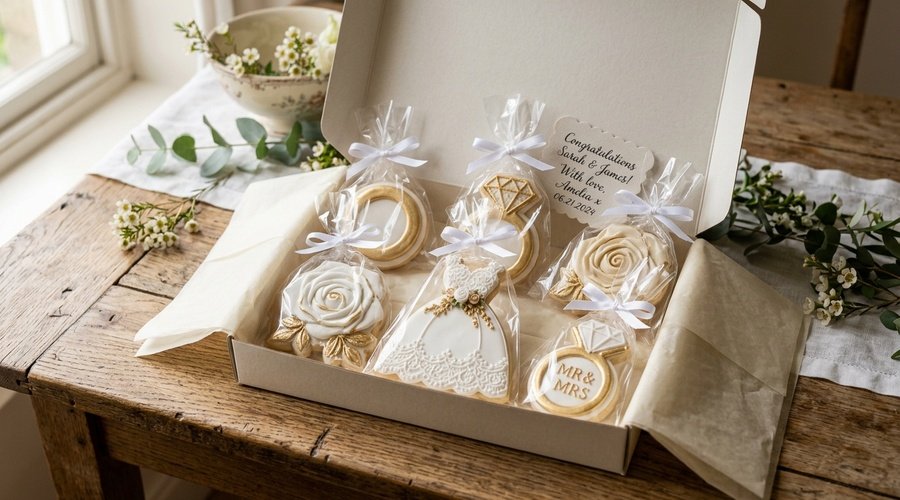 Caja de galletas decoradas personalizadas para boda con envoltura individual en bolsitas de celofán