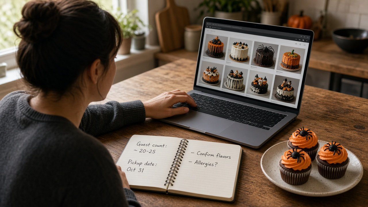 Persona planificando encargo de tarta de Halloween con notas y portátil