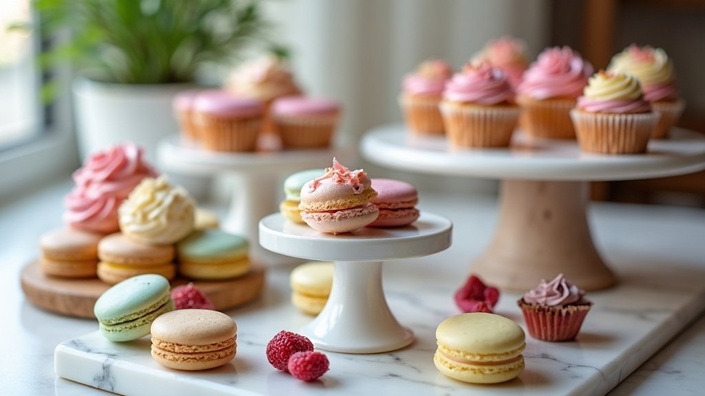 Macarons, galletas decoradas, cupcakes y chocolates sobre una mesa dulce artesanal