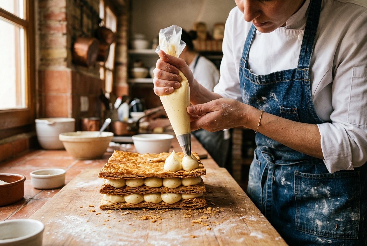 Pastelero montando capas de hojaldre y crema para una milhojas artesanal