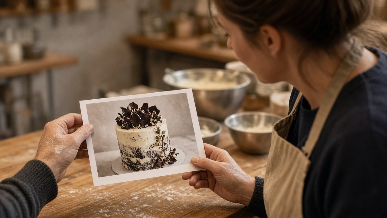 Cliente mostrando una foto de referencia de tarta personalizada al pastelero en mostrador artesanal