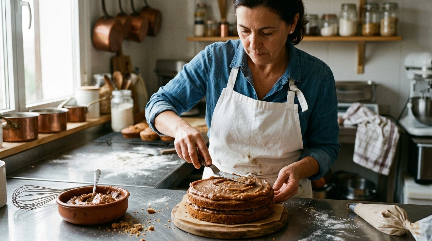 Pastelera preparando una tarta de castañas artesanal en un obrador