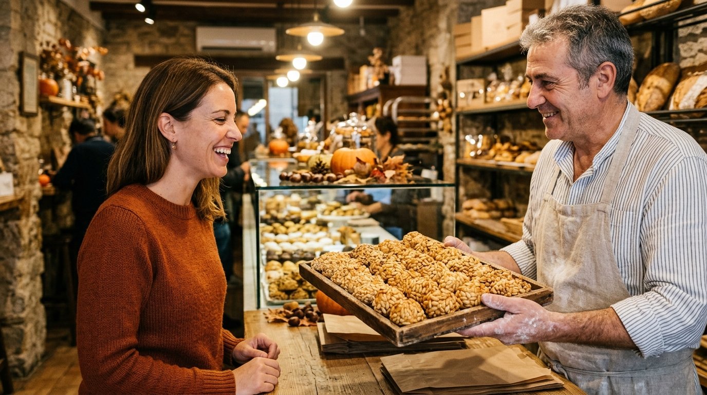 Cliente eligiendo panellets artesanales de piñón y almendra en una pastelería para Castanyada