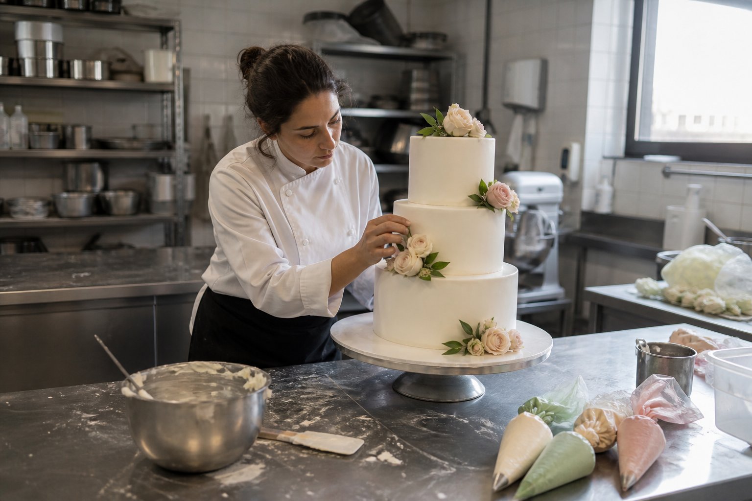 Pastelero decorando una tarta personalizada en obrador profesional