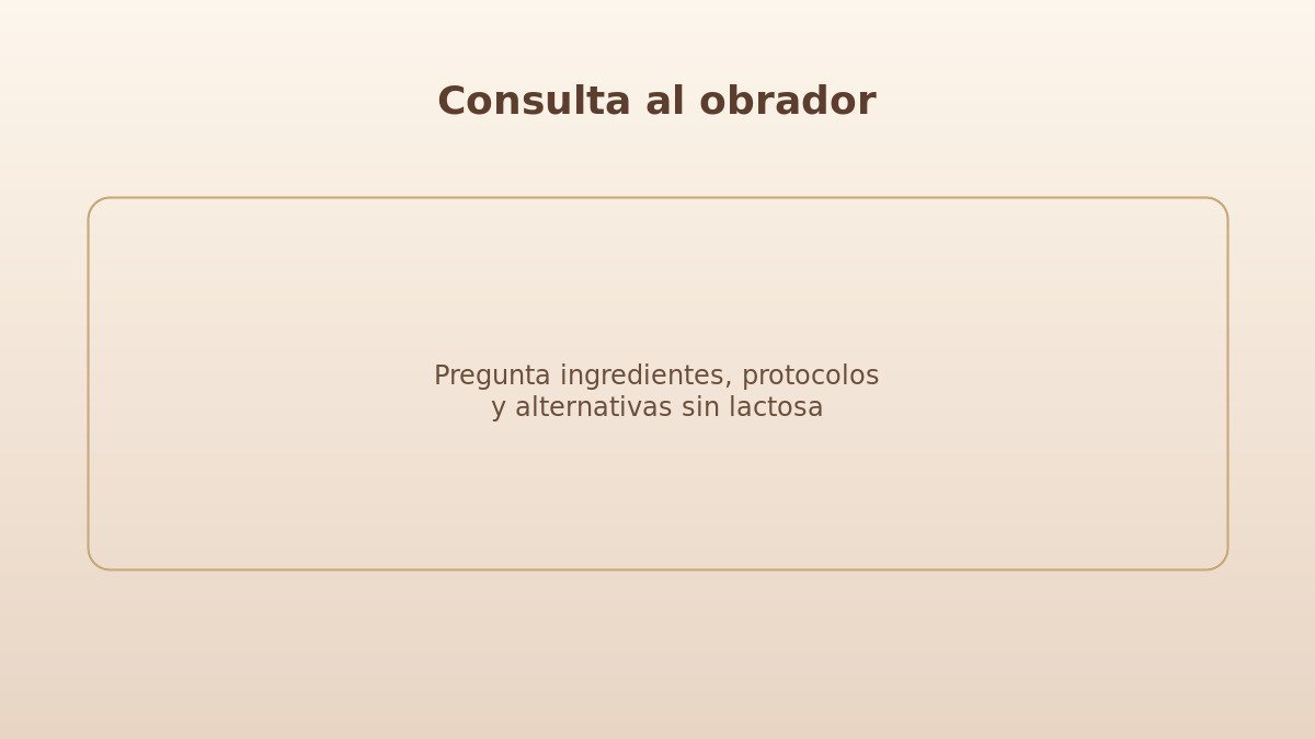 Consulta con pastelería artesana sobre ingredientes sin lactosa y protocolos de encargo