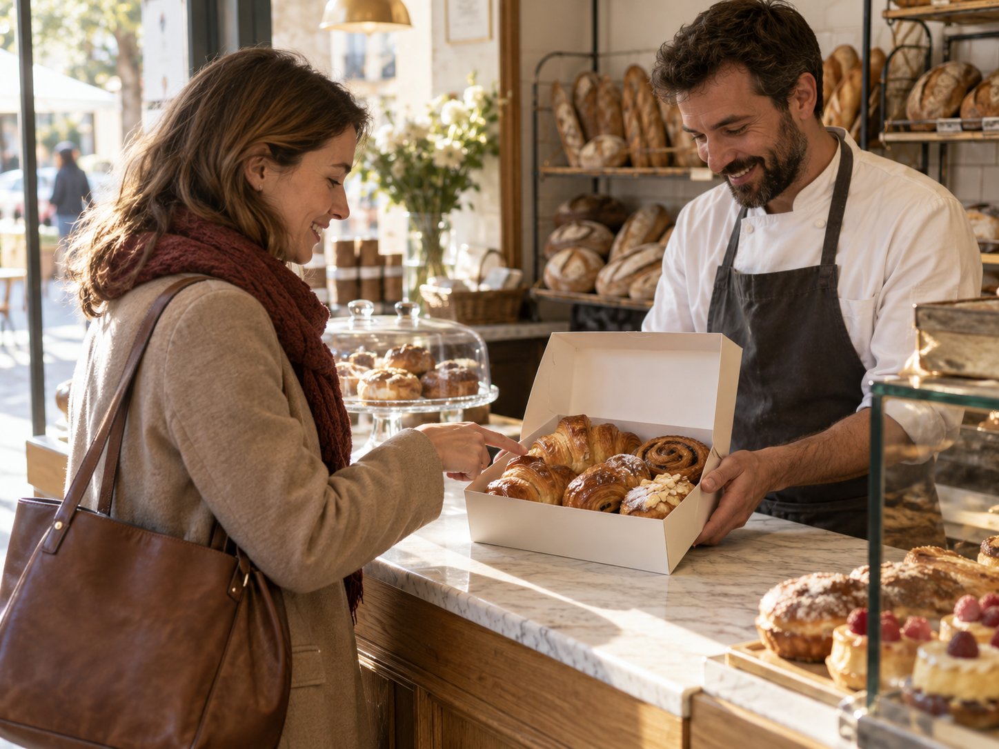 Cliente confirmando en el mostrador de una pastelería la recogida de una caja de bollería artesanal