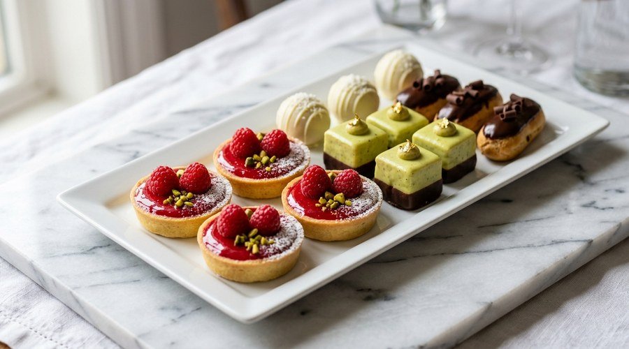 Bandeja de catering con petit fours individuales: tartaletas de frambuesa, petit fours de pistacho y trufas de chocolate para evento