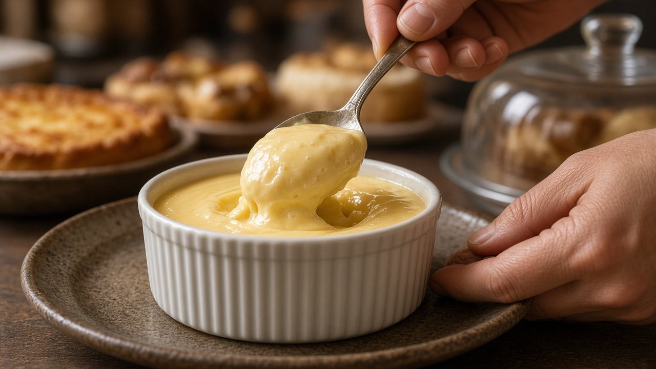 Cucharada de natillas artesanas en pastelería local con mostrador de postres de cuchara