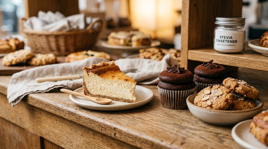 Variedad de dulces artesanales sin azúcar: tarta de queso, cupcakes de chocolate y galletas de almendra