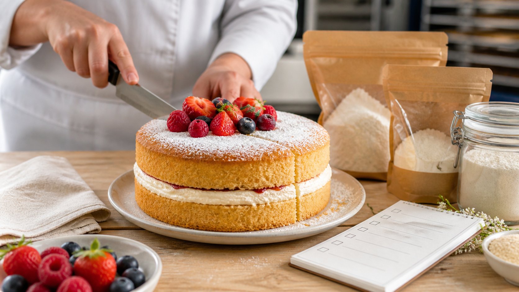 Pastelero preparando una tarta artesanal sin huevo con ingredientes revisados en un obrador