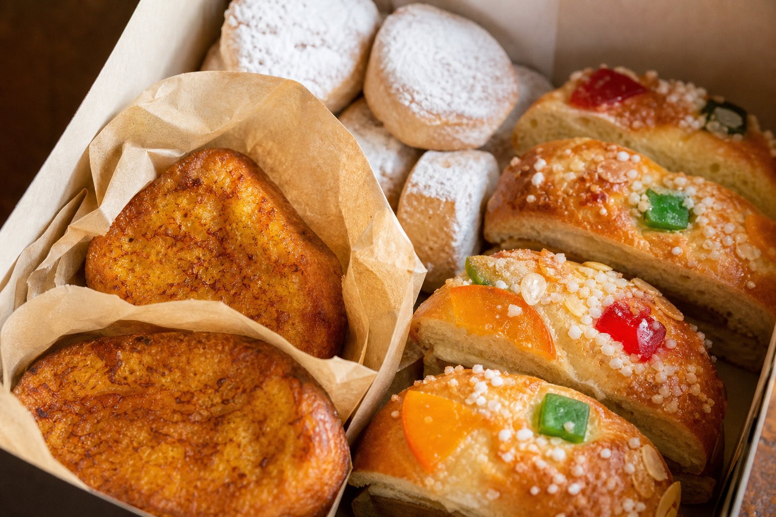 Caja de encargo con torrijas, polvorones y dulces tradicionales de temporada en pastelería