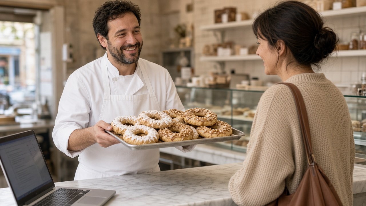 Pastelero y cliente revisando encargo de roscos y rosquillas en pastelería artesanal