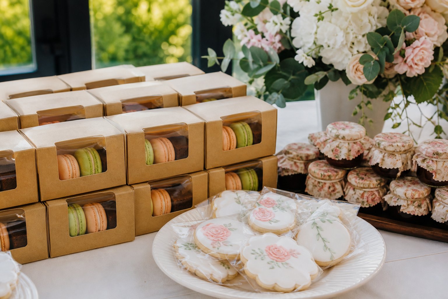 Souvenirs dulces para invitados de boda: cajas con macarons, galletas decoradas y tarros de mermelada artesanal sobre mesa de celebración