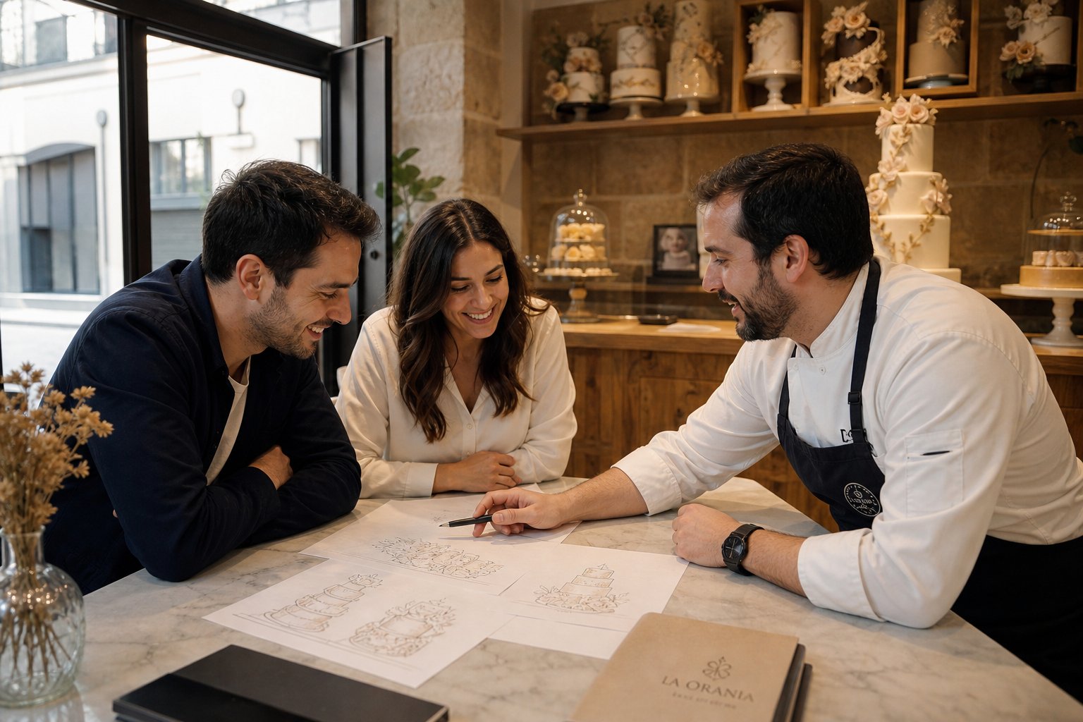 Pareja en pastelería revisando bocetos de tarta nupcial con el pastelero