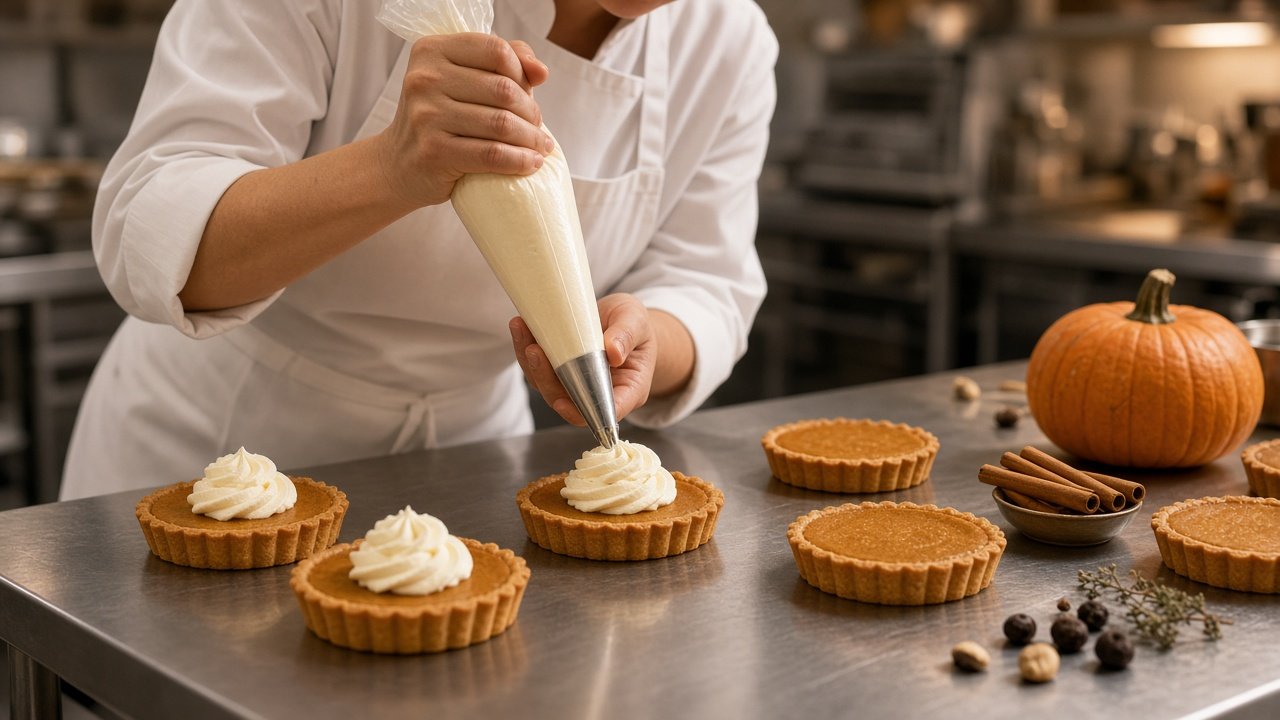 Pastelero decorando porciones de tarta de calabaza en obrador artesanal