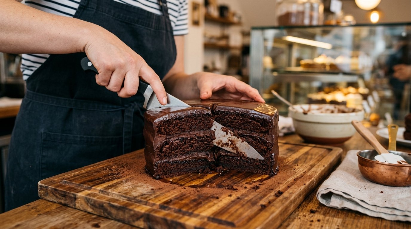 Manos cortando una tarta de chocolate artesanal de varias capas en un obrador