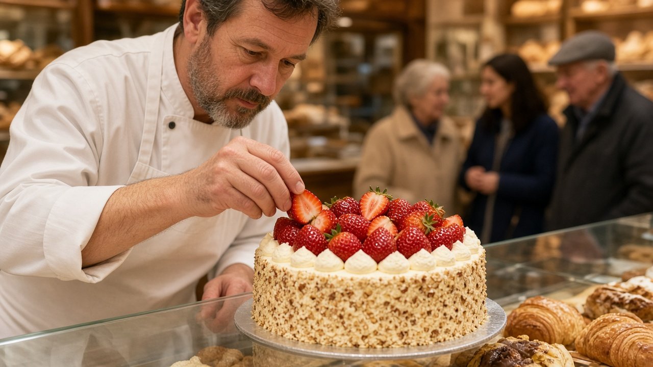 Pastelero colocando fresas frescas sobre una tarta de nata en un obrador artesanal