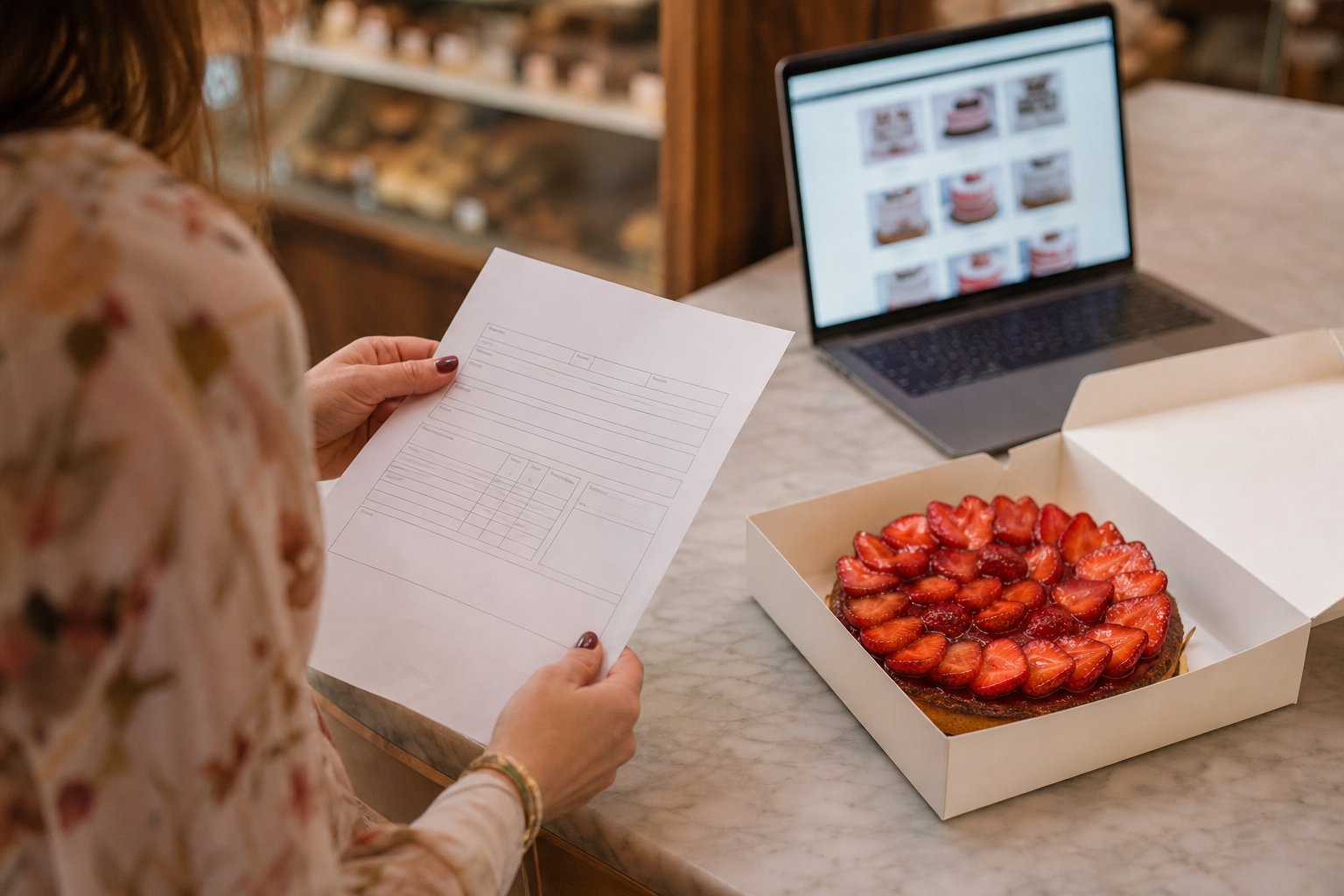 Cliente encargando una tarta de fresas en pastelería artesanal local
