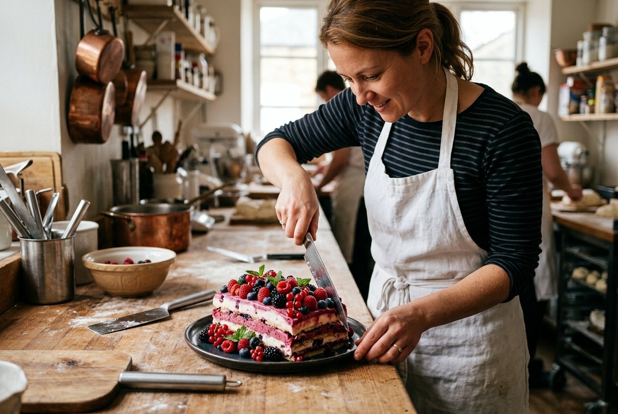 Pastelero cortando un semifrío artesanal con frutos rojos en un obrador