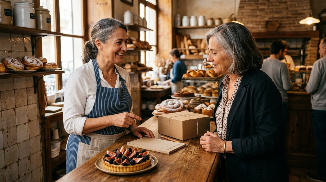 Pastelera y clienta comentan el encargo de una tarta de higos frescos en un obrador