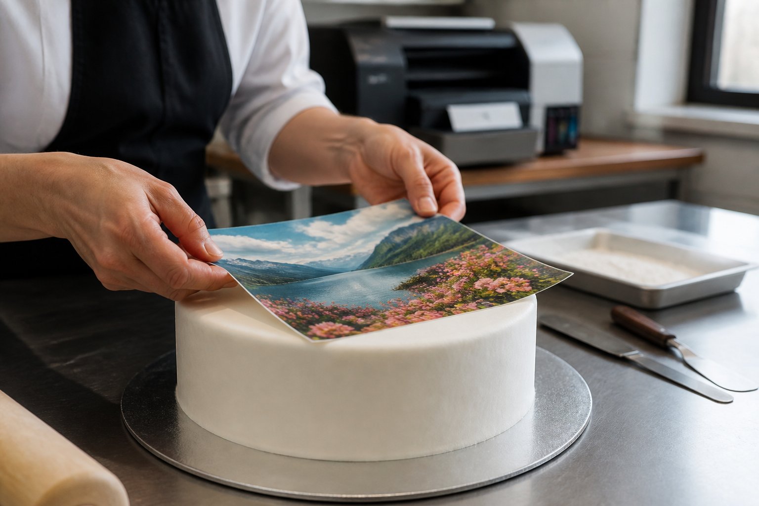 Pastelero colocando una impresión comestible sobre una tarta de fondant en obrador artesano