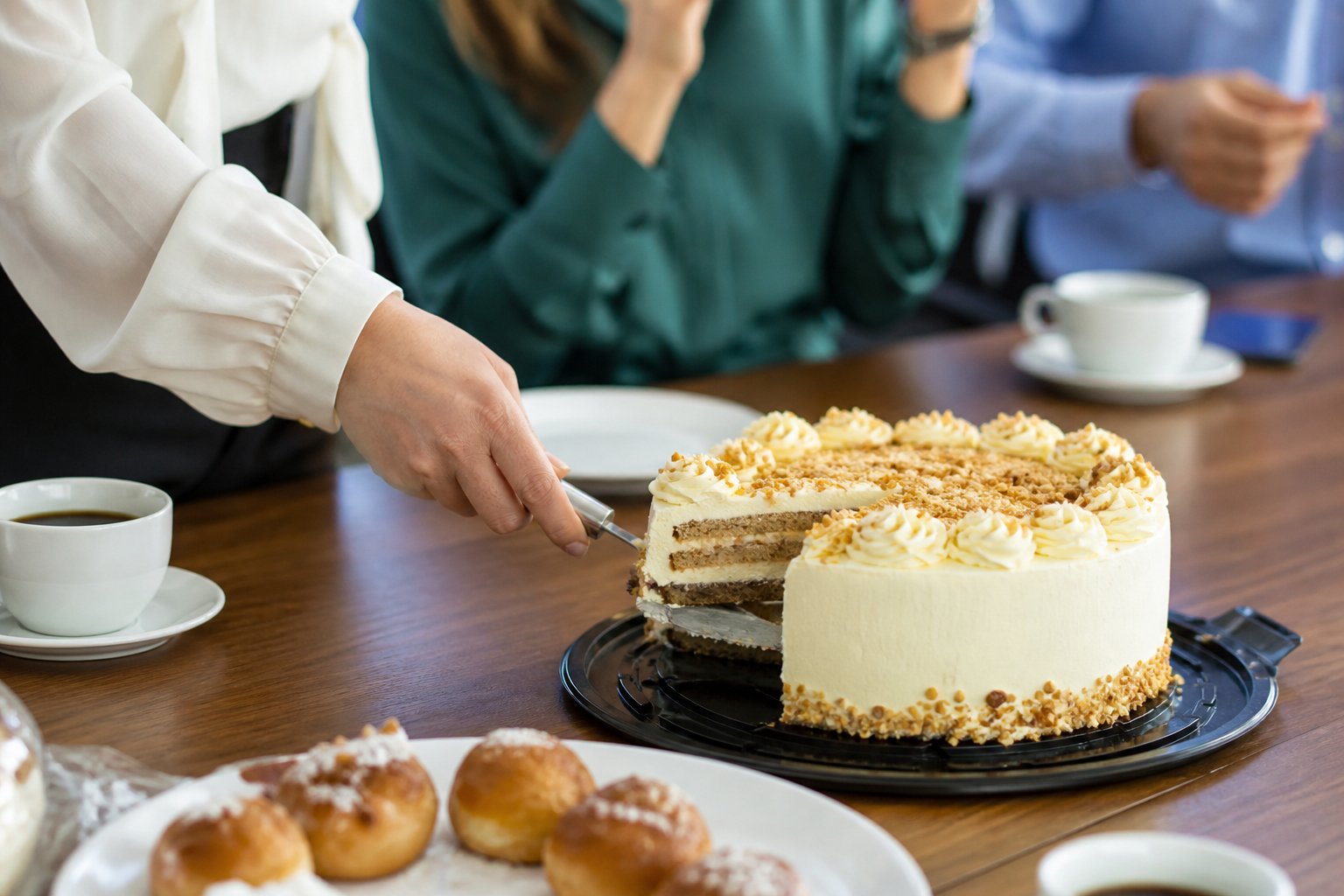 Corte de tarta de celebración en despedida laboral: porción sobre mesa de oficina con café