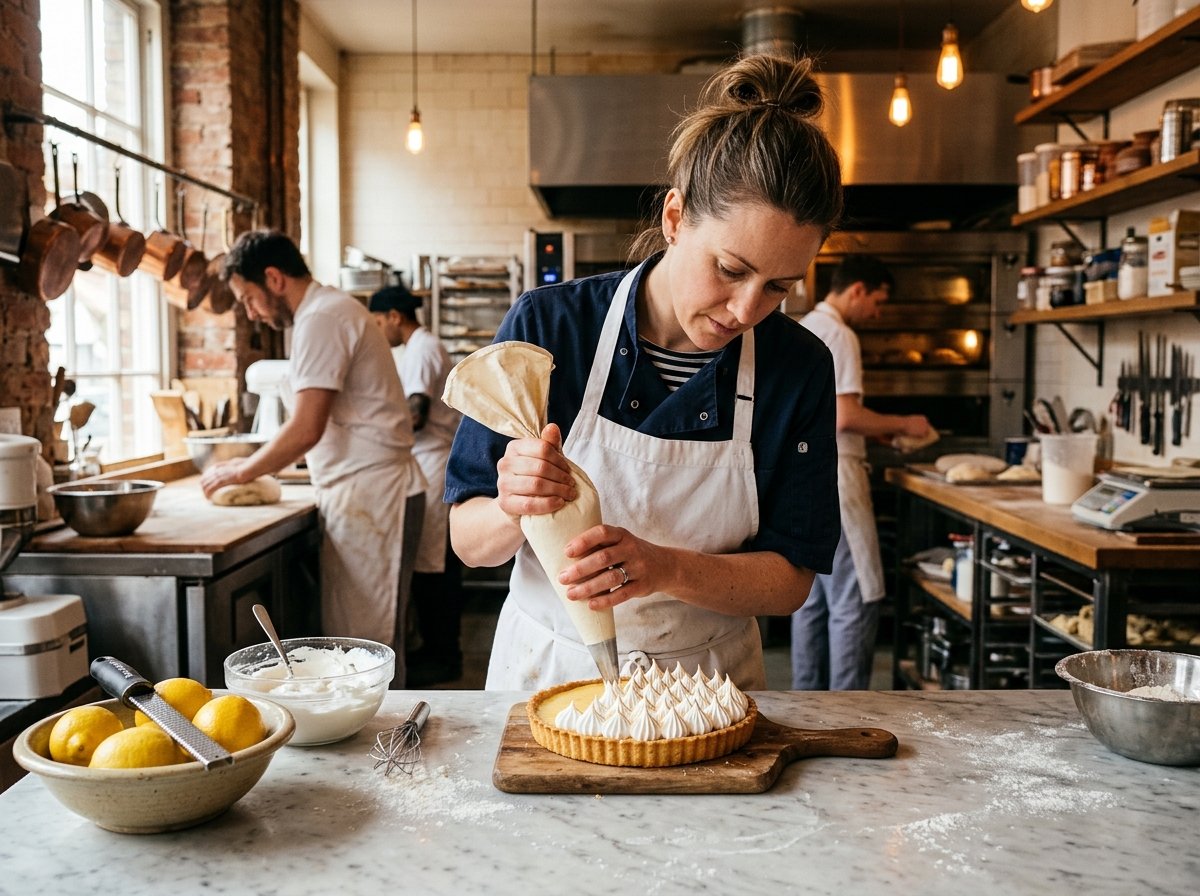 Pastelero artesanal decorando una tarta de limón con merengue en obrador