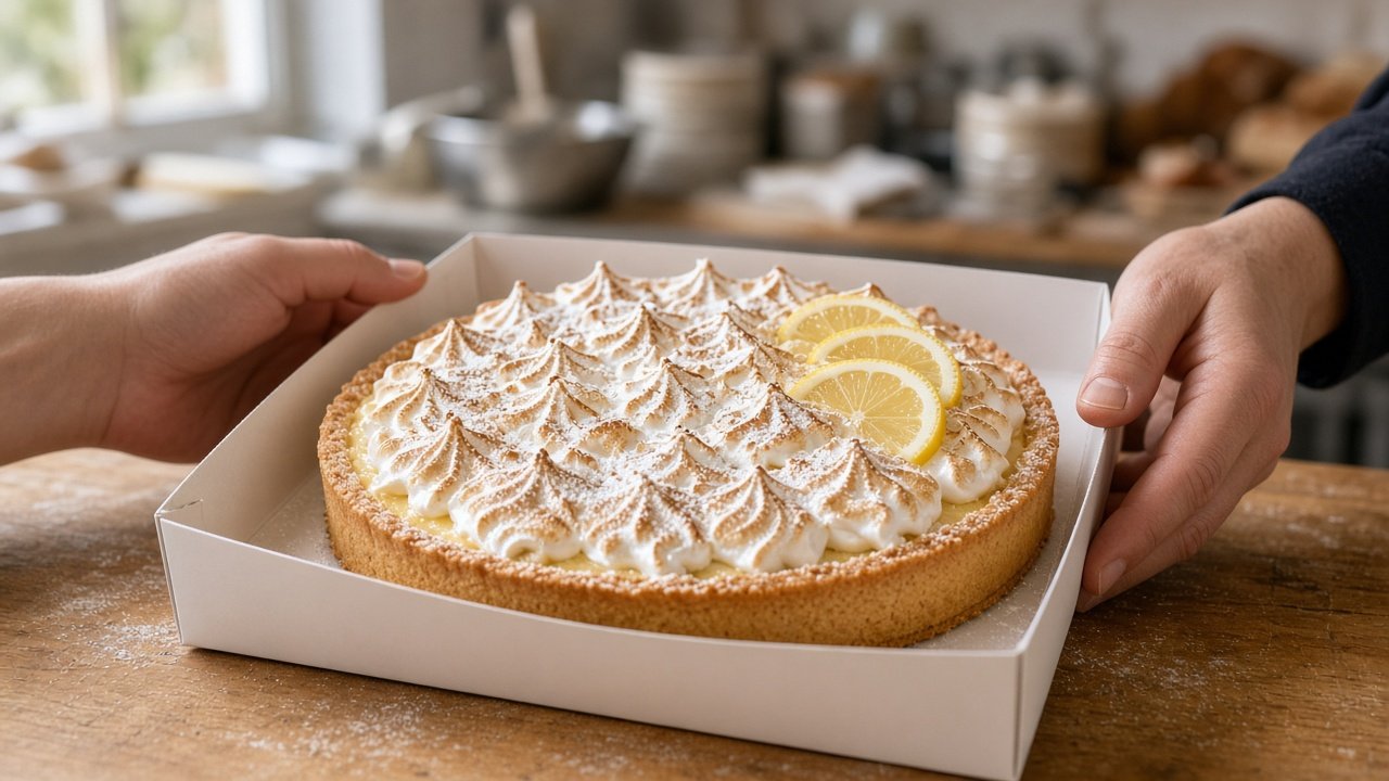 Pastelero empaquetando tarta de merengue y limón artesanal en caja para recoger