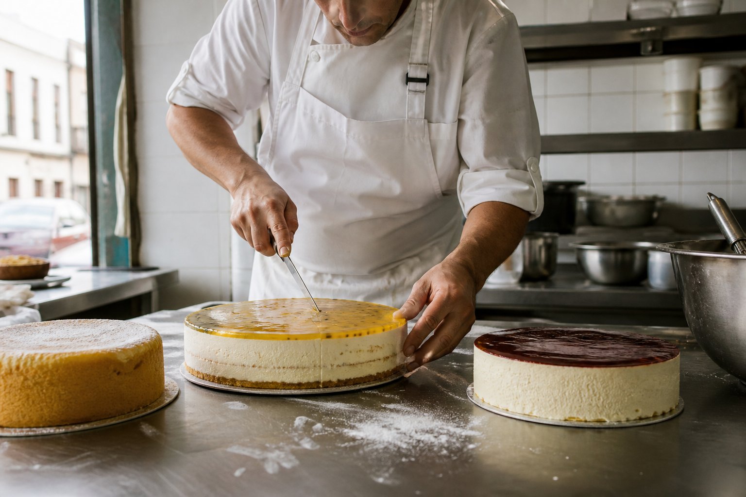 Pastelero cortando una tarta de mousse en obrador artesanal con bizcocho y cheesecake al fondo