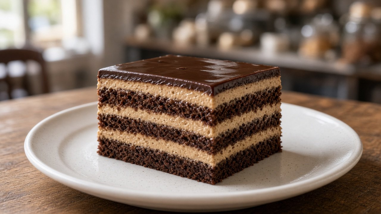 Porción de tarta Opera artesanal mostrando capas finas de bizcocho de chocolate, crema de café y glaseado brillante