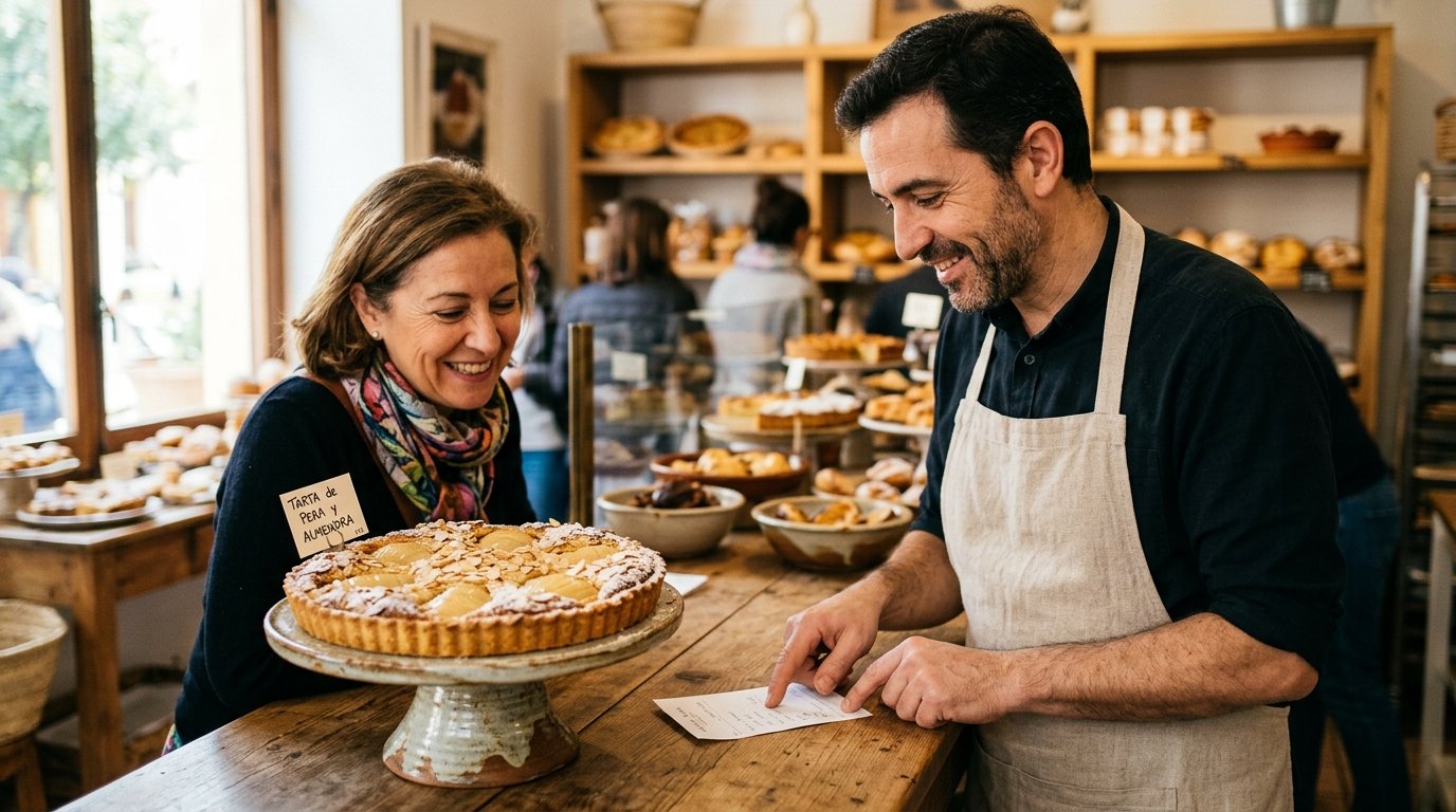 Cliente y pastelero revisan en el mostrador una tarta artesanal de pera y almendra