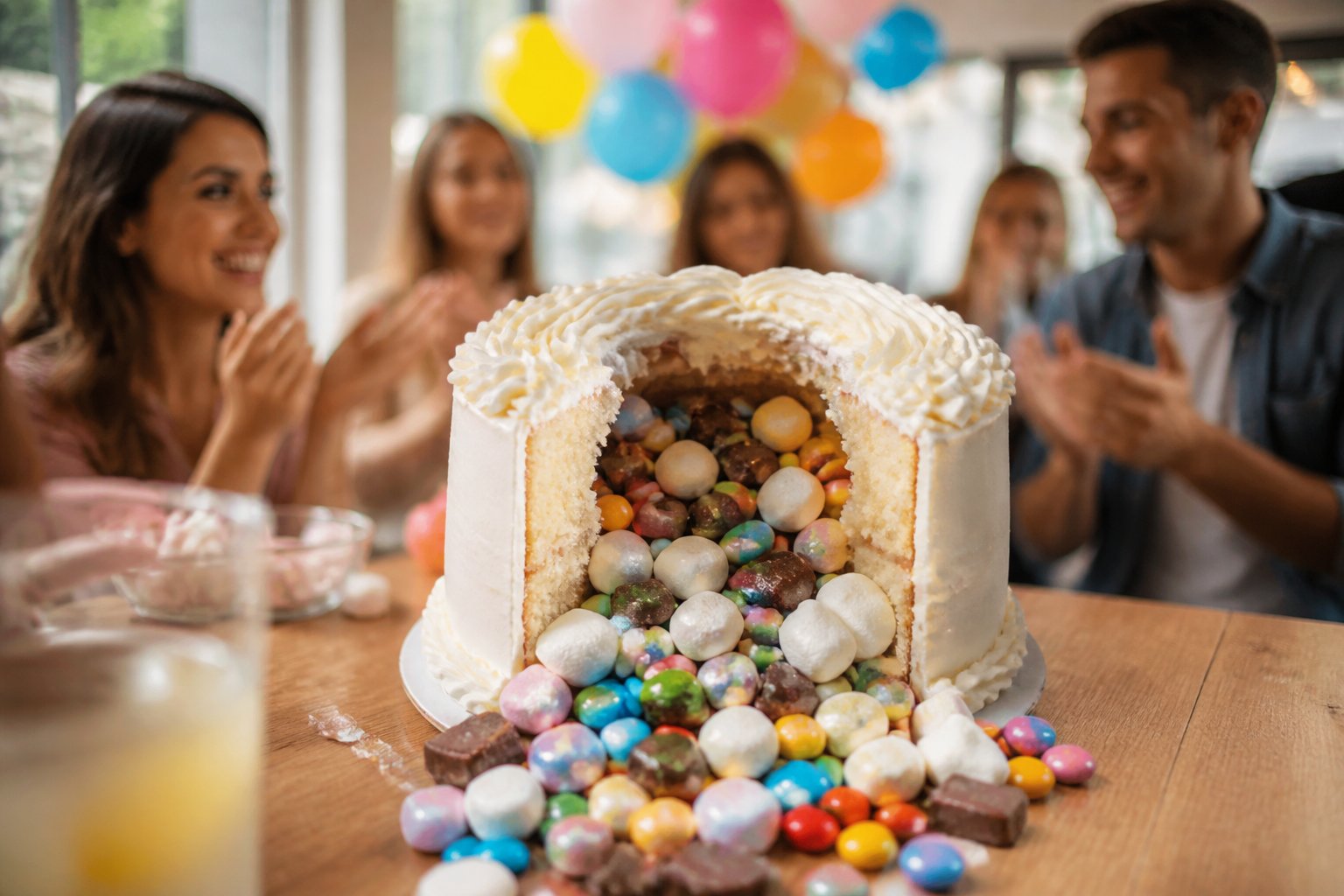Tarta piñata abierta con dulces, chocolates y gominolas cayendo sobre la mesa de celebración