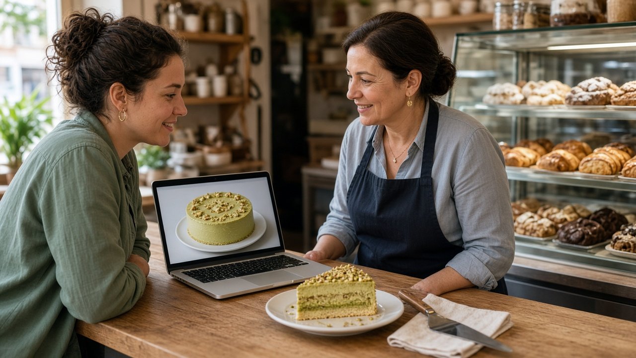 Cliente y pastelero revisando encargo de tarta de pistacho en pastelería artesanal